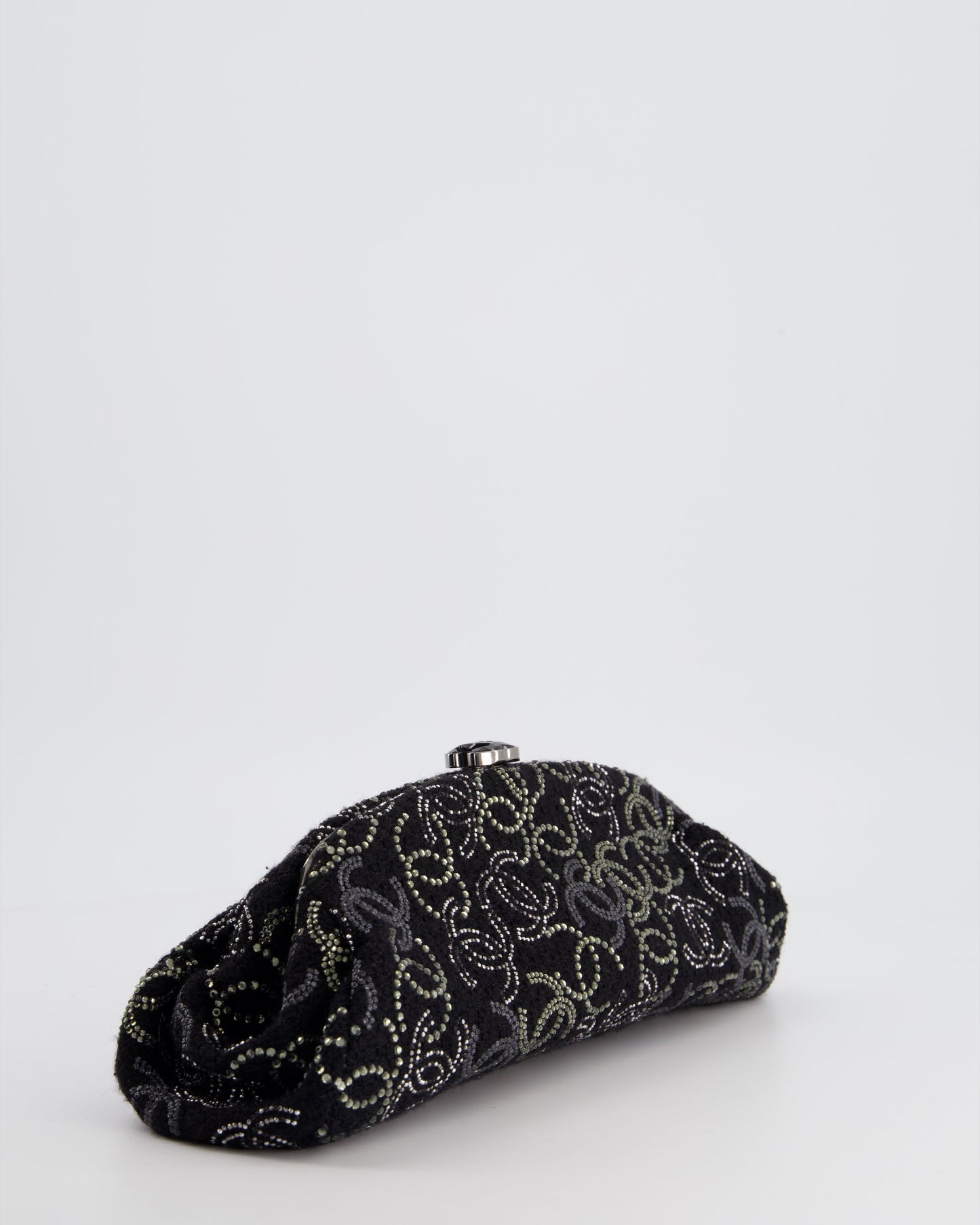 Chanel Black Timeless Clutch Bag in Fabric with Gunmetal Hardware and Crystal Logo Details