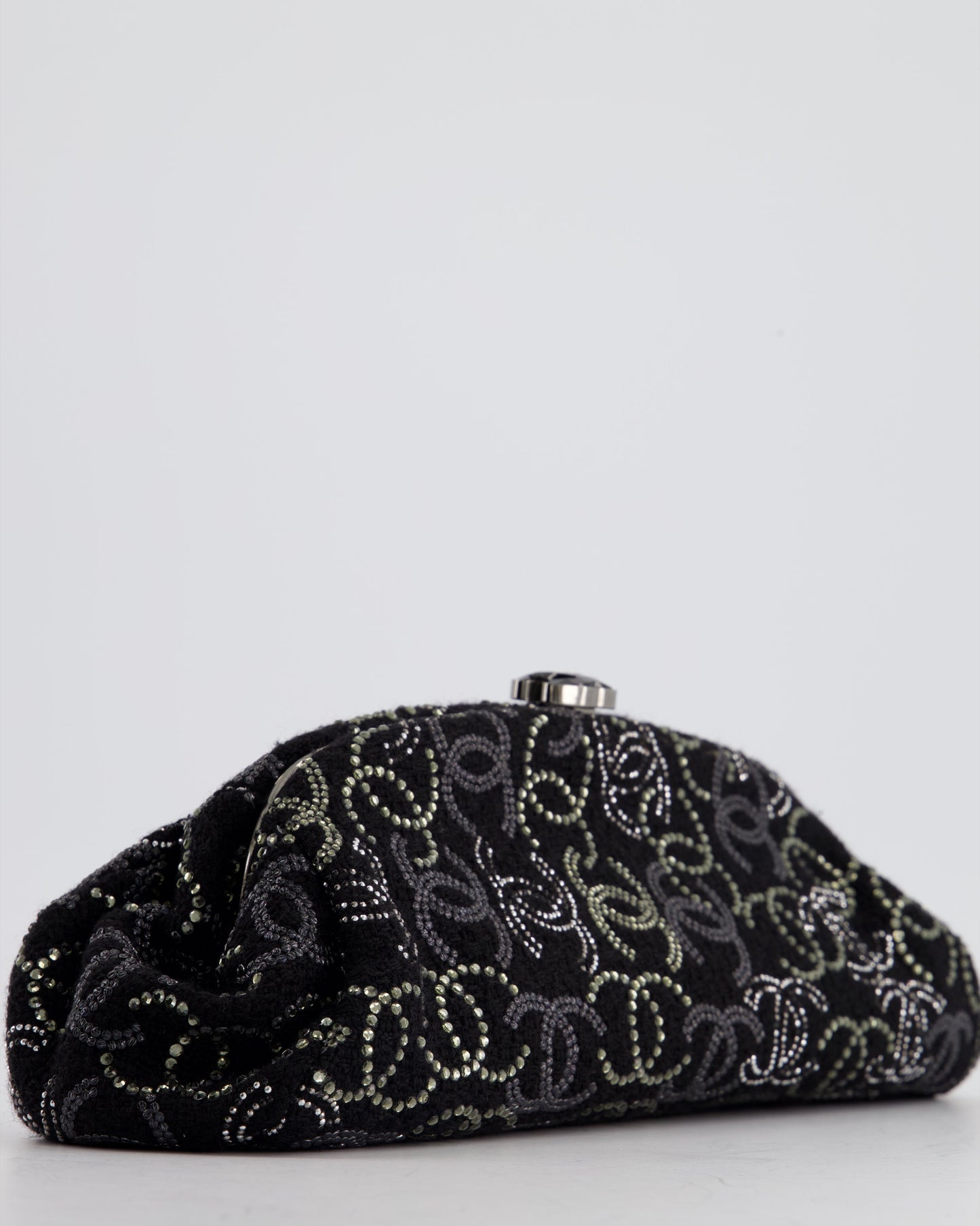 Chanel Black Timeless Clutch Bag in Fabric with Gunmetal Hardware and Crystal Logo Details