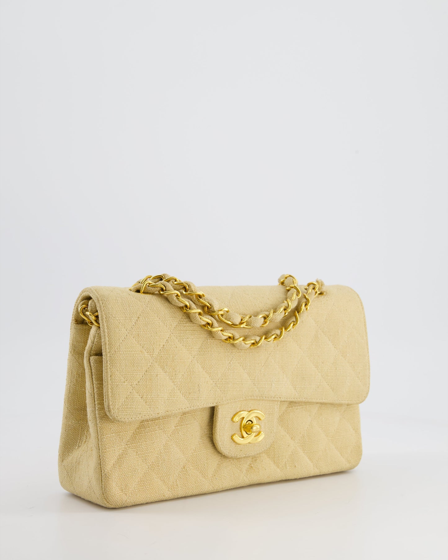 VINTAGE* Chanel Beige Small Fabric Double Flap Bag with 24K Gold Hardware