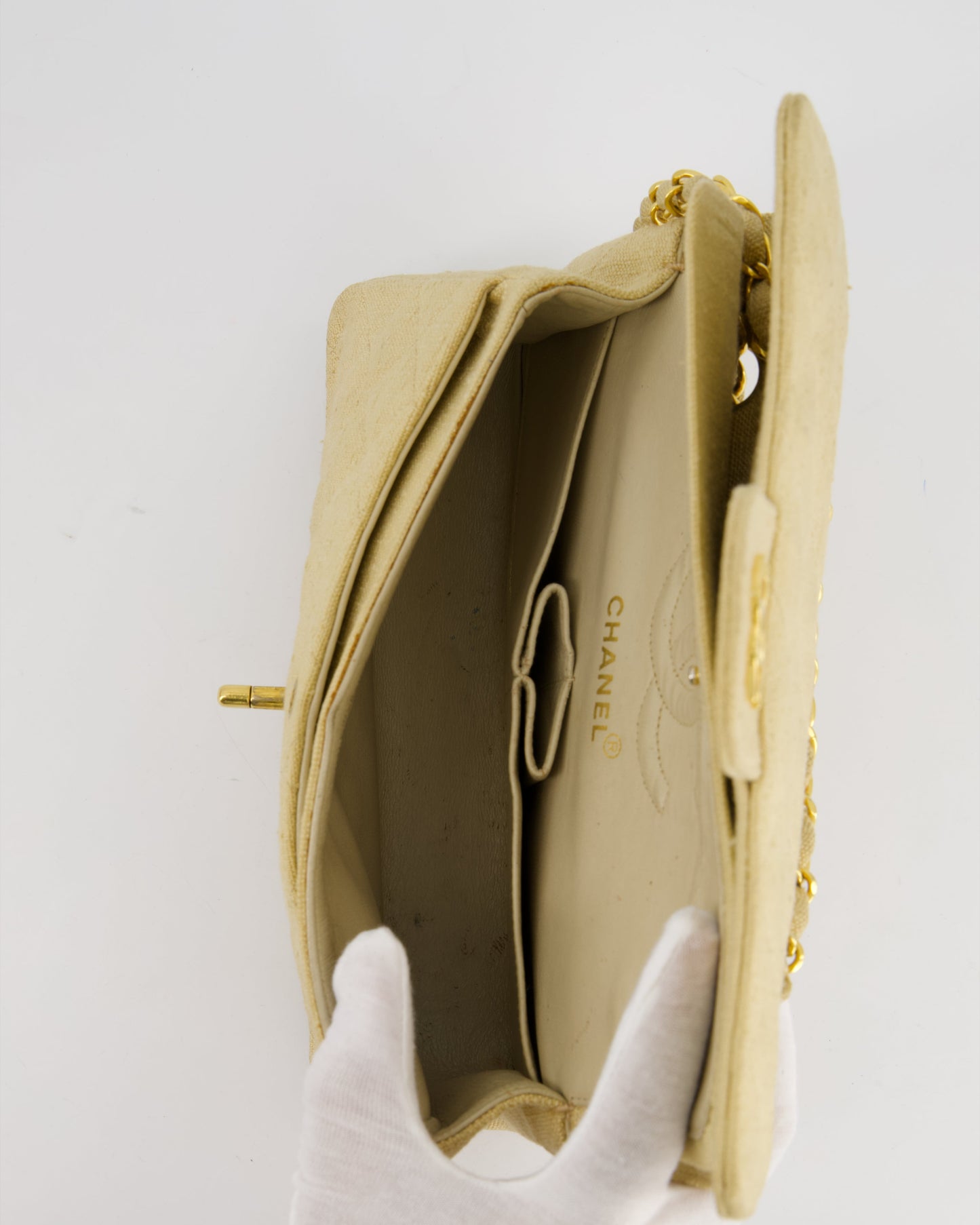 VINTAGE* Chanel Beige Small Fabric Double Flap Bag with 24K Gold Hardware