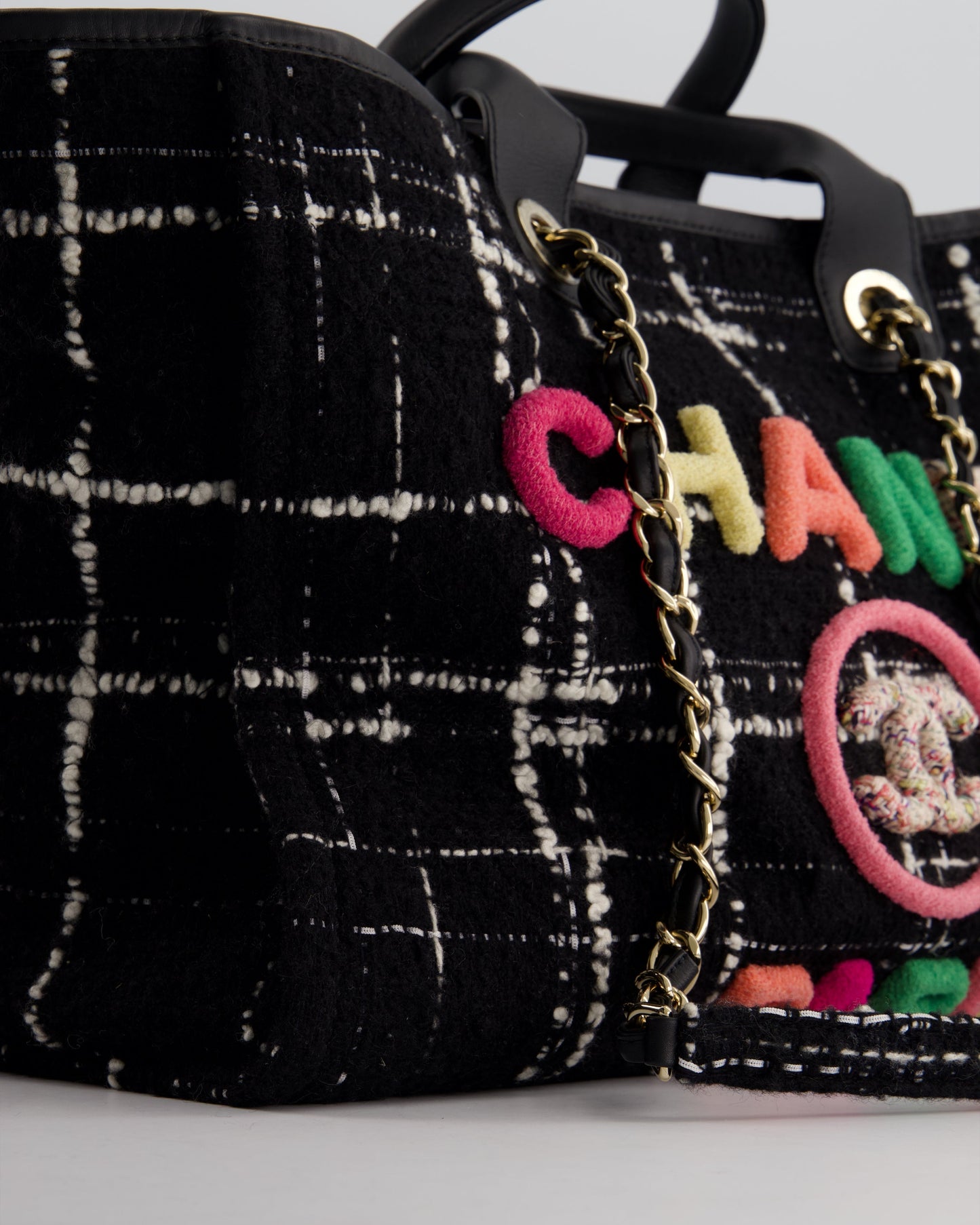 *RUNWAY PIECE* Chanel Fall / Winter 2022 Medium Black and White Wool Deauville Tote Bag with Multicolour Logo and Champagne Gold Hardware