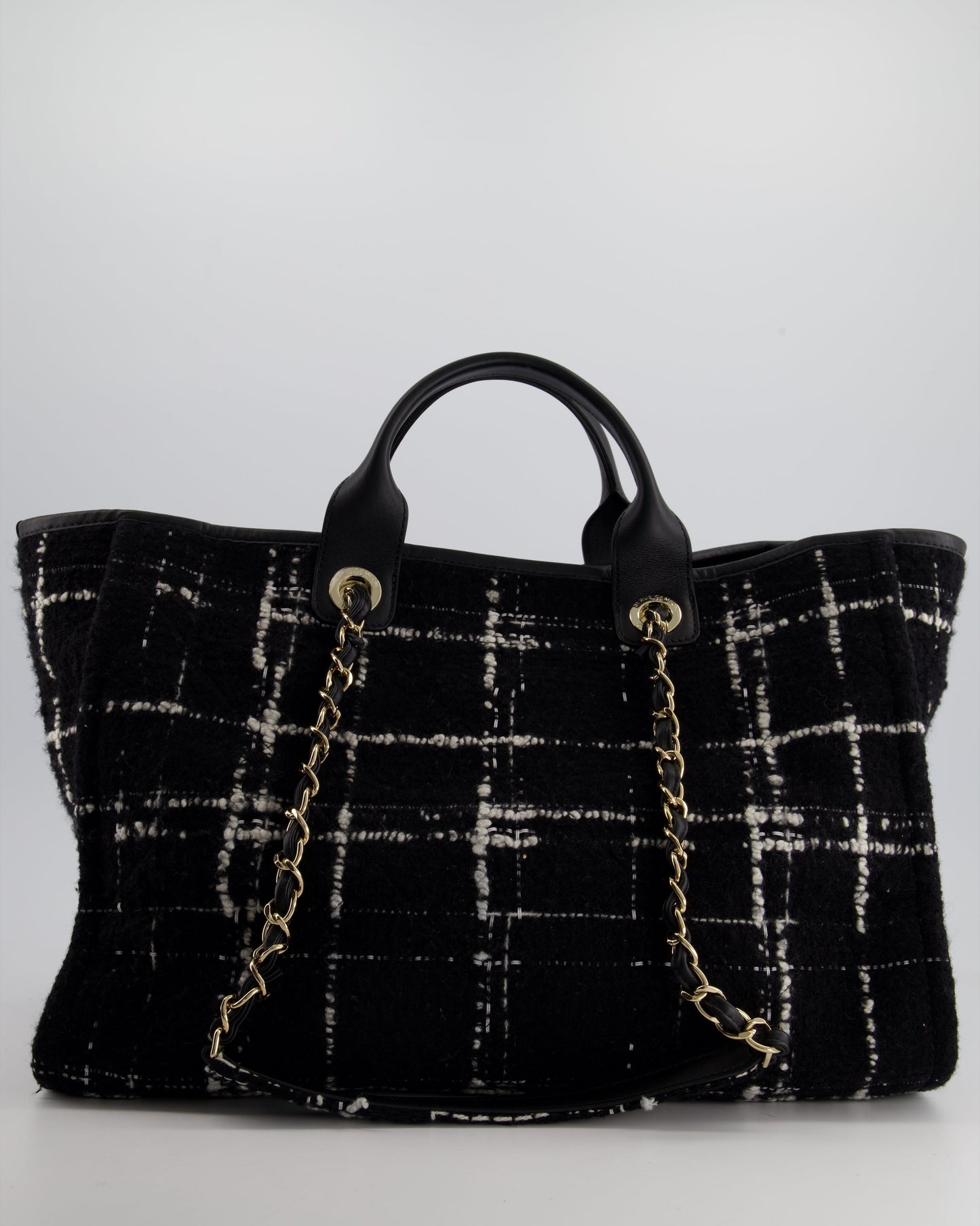 *RUNWAY PIECE* Chanel Fall / Winter 2022 Medium Black and White Wool Deauville Tote Bag with Multicolour Logo and Champagne Gold Hardware